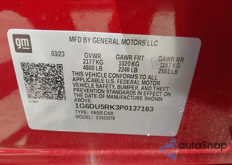 2023 Cadillac Ct5 Sport z USA, uszkodzony, nr VIN 1G6DU5RK3P0137163